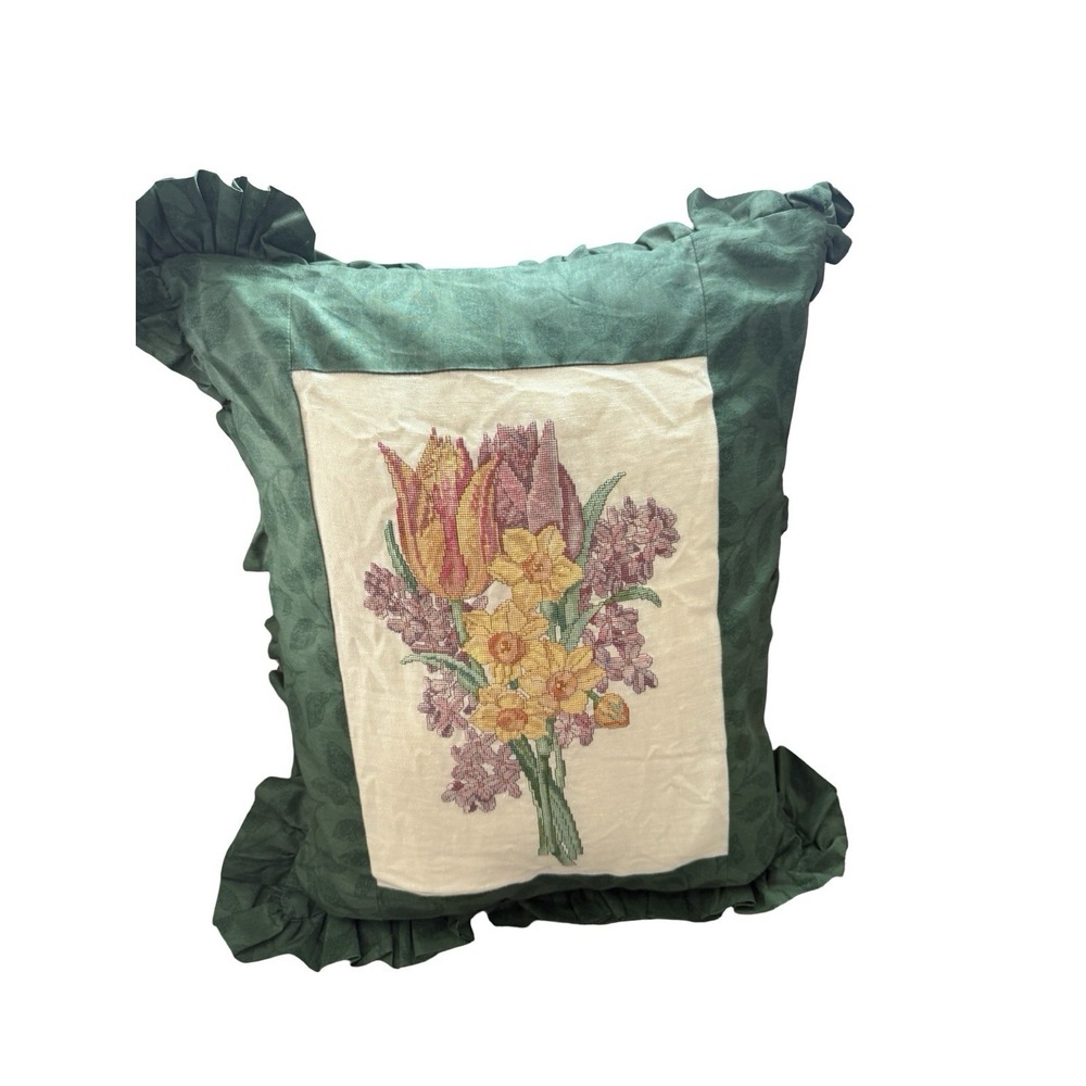Vintage Handmade decorative pillow needlepoint‎ floral bouquet green grandmacore